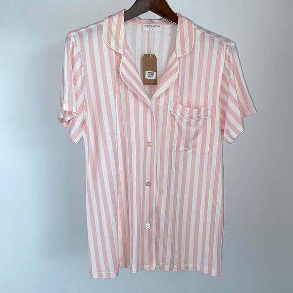 Stripe & Stare Pj Top Women’s Size Medium New With Tag Pink Striped Short Sleeve - Picture 1 of 9